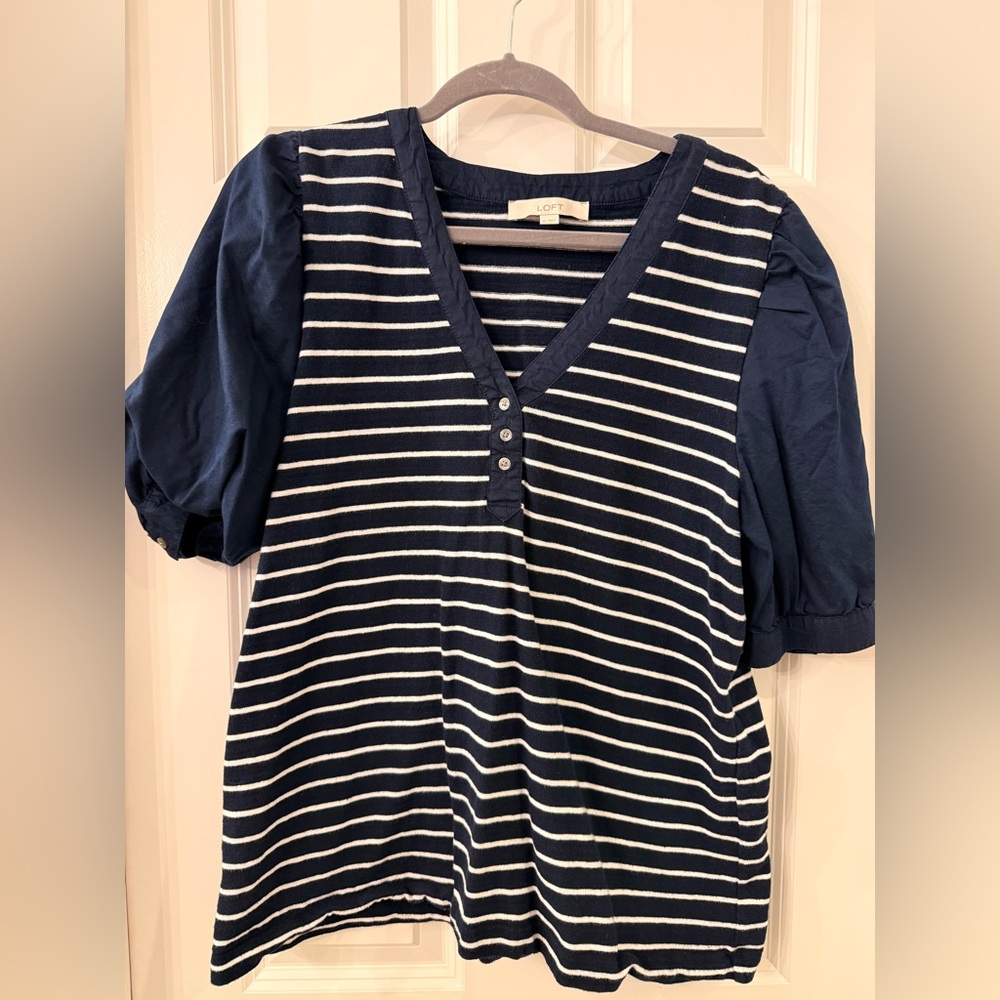 LOFT Navy & White Striped V-Neck Bubble Sleeve Top